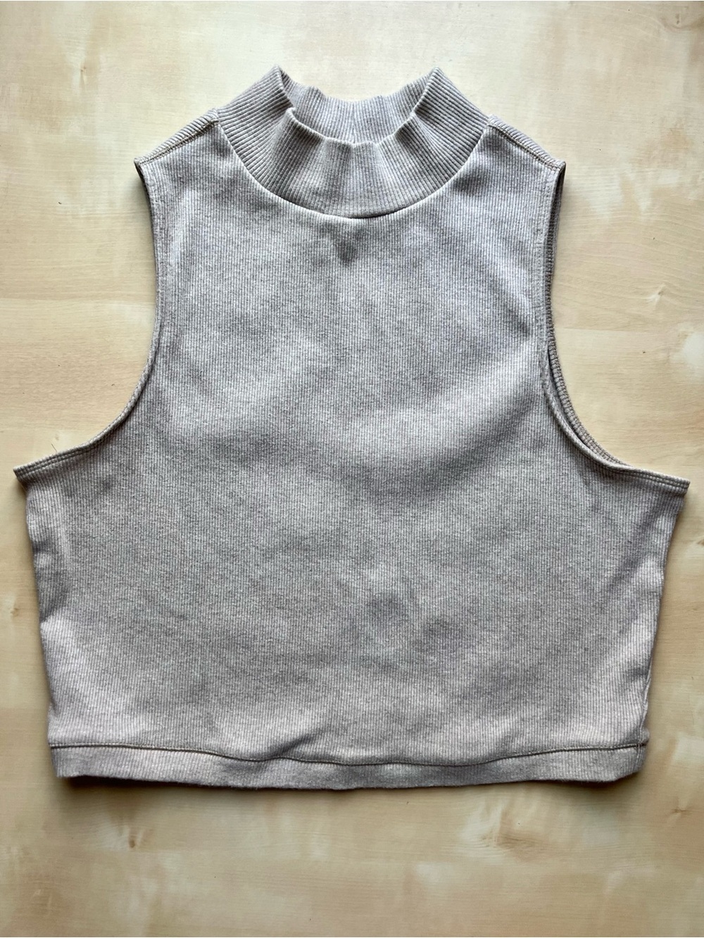Everlane Organic Cotton Sleeveless Mock Neck Ribbed Knit Cropped Tank in Taupe